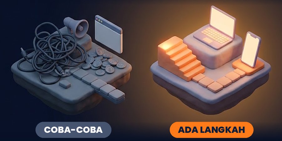 Perbandingan: coba-coba yang kusut dan ada langkah yang tersusun rapi