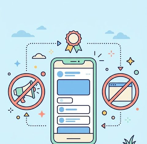 Ilustrasi ponsel dengan tanda tanpa iklan dan tanpa website